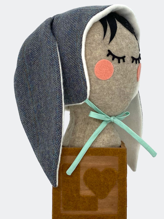 Harris Tweed Baby Bunny Bonnet in Blu-Grey Herringbone: Heritage Meets Whimsy