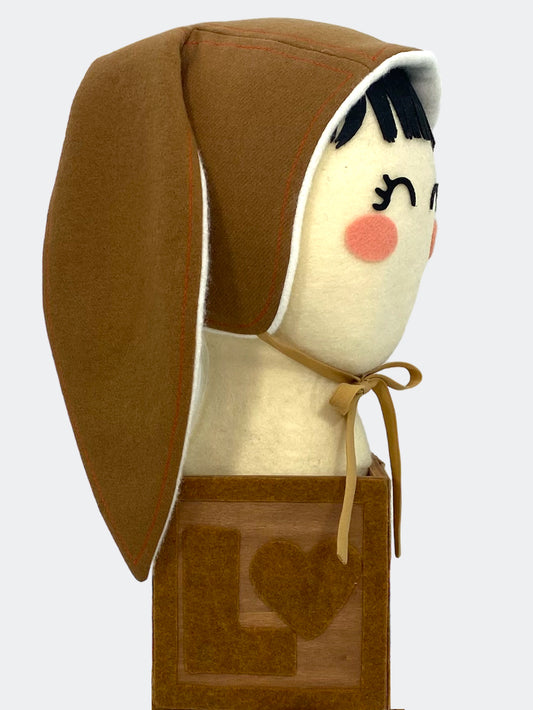 Wool Baby Bunny Bonnet - Burnished Bronze, Upcycled Wool with Playful Orange Accent