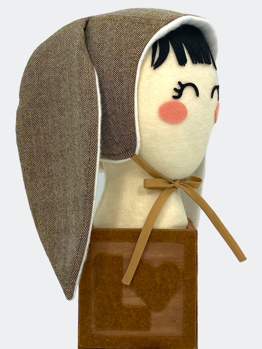 Wool Baby Bunny Bonnet in Hickory Herringbone