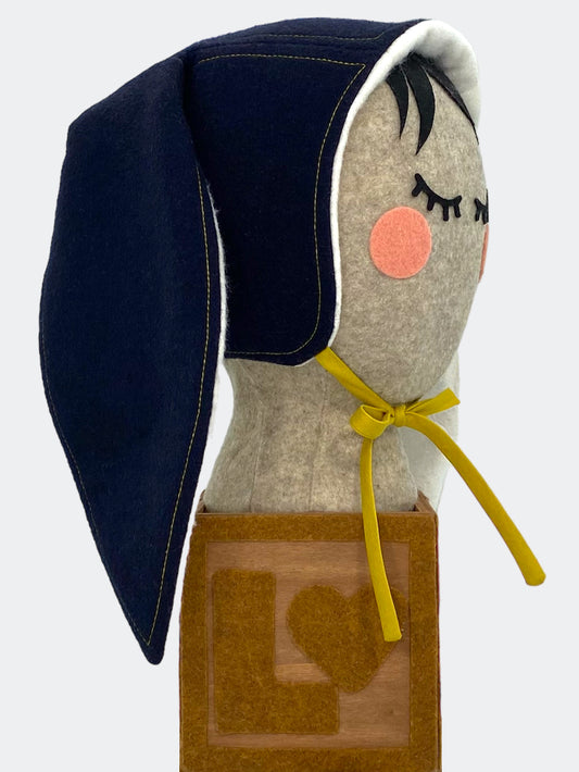 Midnight Camel Hair Baby Bunny Bonnet with Chartreuse Stitching – Luxury in Navy