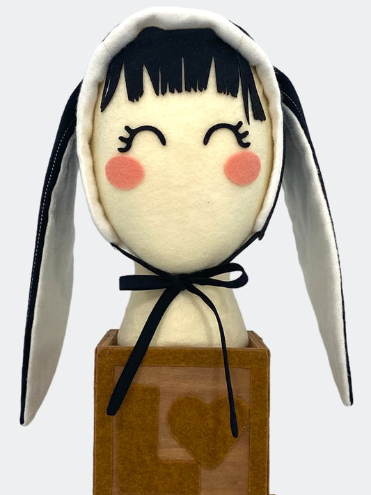 Italian Cashmere Bunny Bonnet in black with white top-stitch