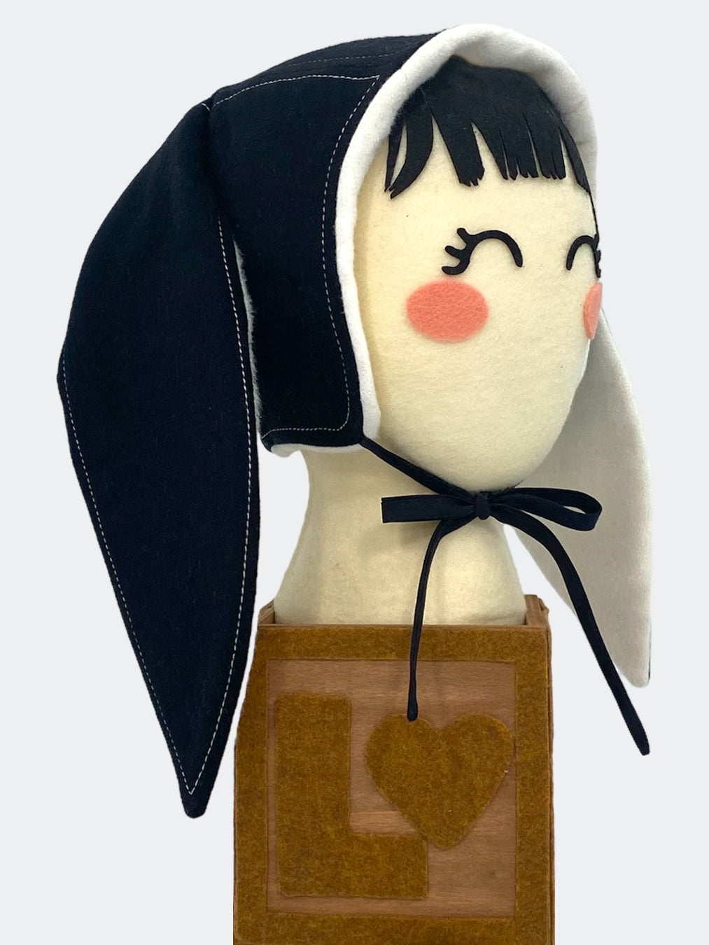 Italian Cashmere Bunny Bonnet in black with white top-stitch