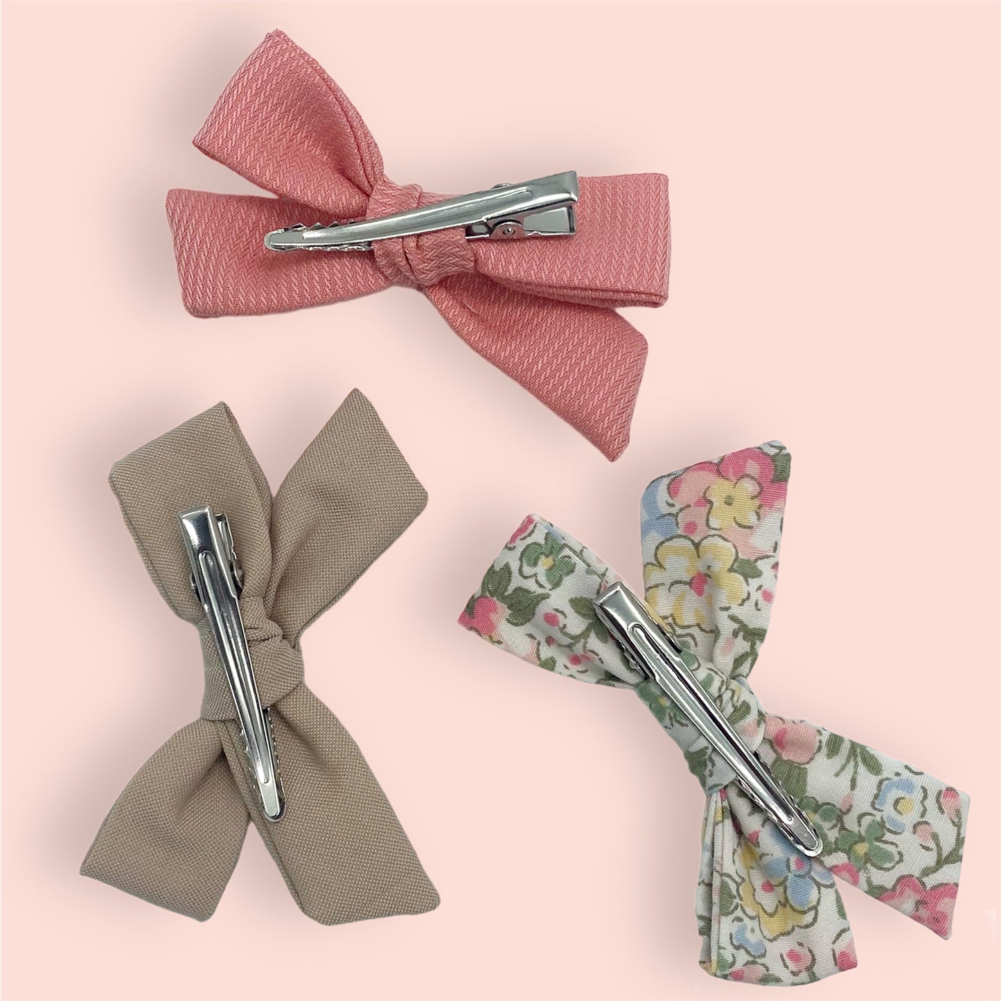 Upcycled Mini Bow set of three in Garden Party on alligator clips back view